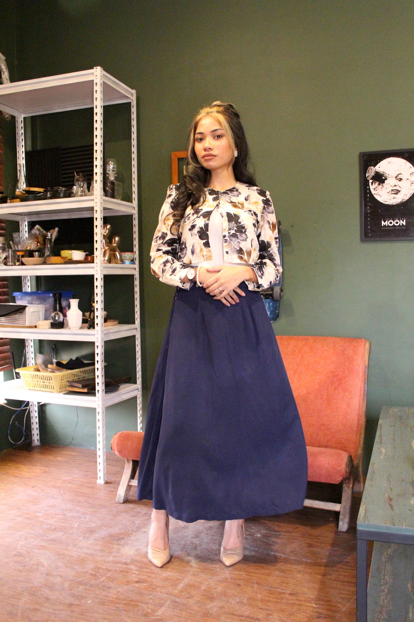 Blue Floral Jacket with Skirt