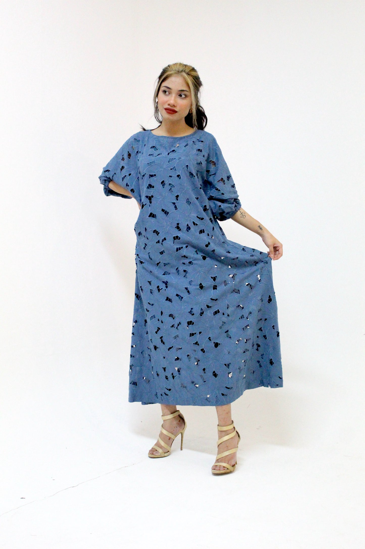 Azure Bloom – Cutwork Lawn Cotton Maxi Dress
