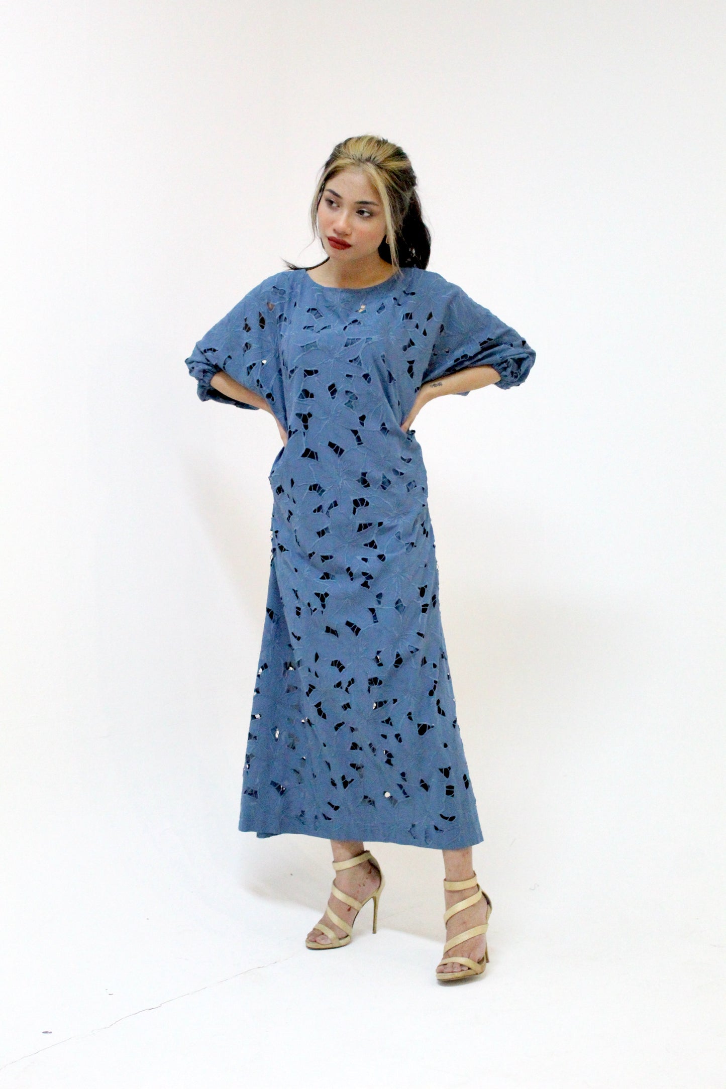 Azure Bloom – Cutwork Lawn Cotton Maxi Dress