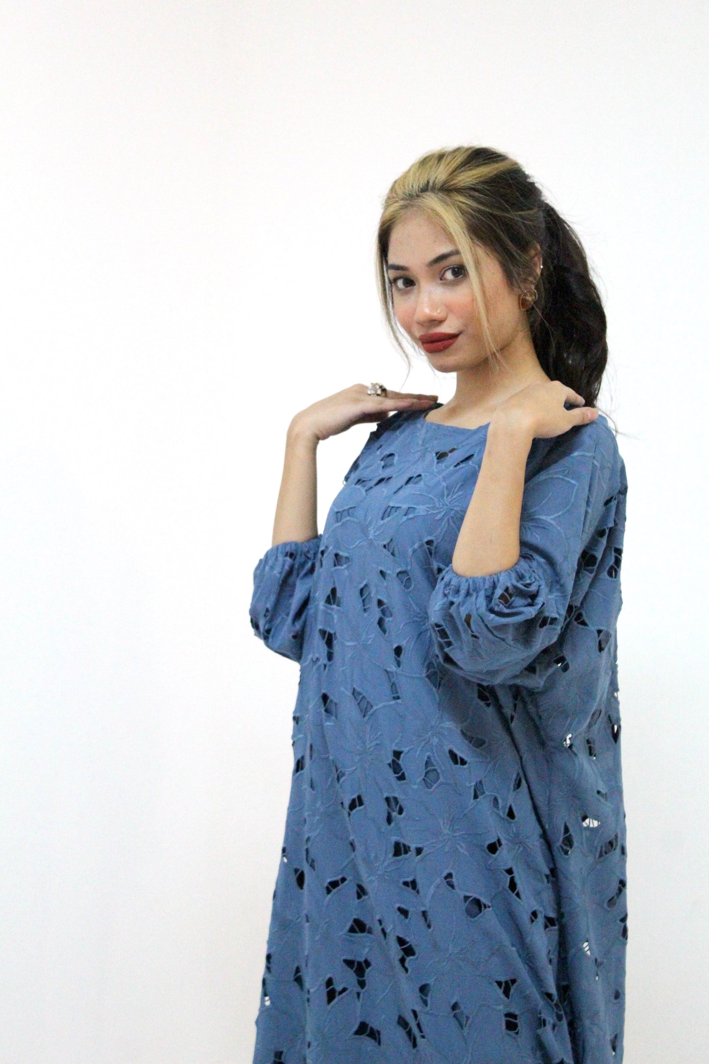 Azure Bloom – Cutwork Lawn Cotton Maxi Dress
