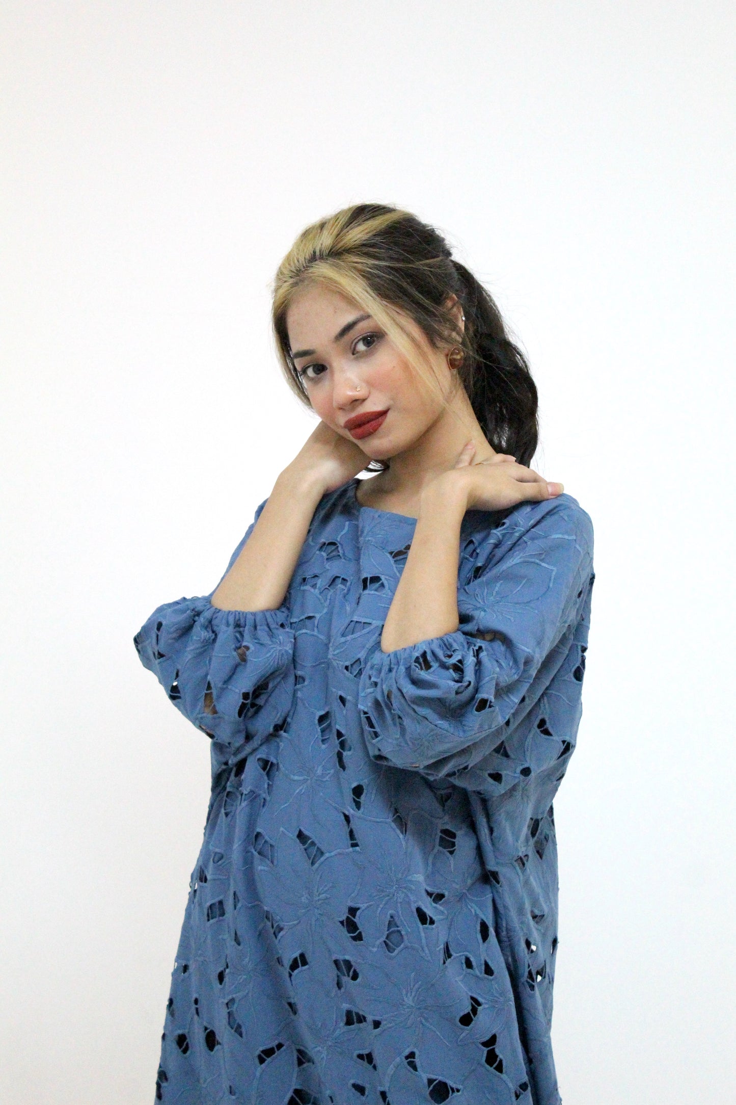 Azure Bloom – Cutwork Lawn Cotton Maxi Dress
