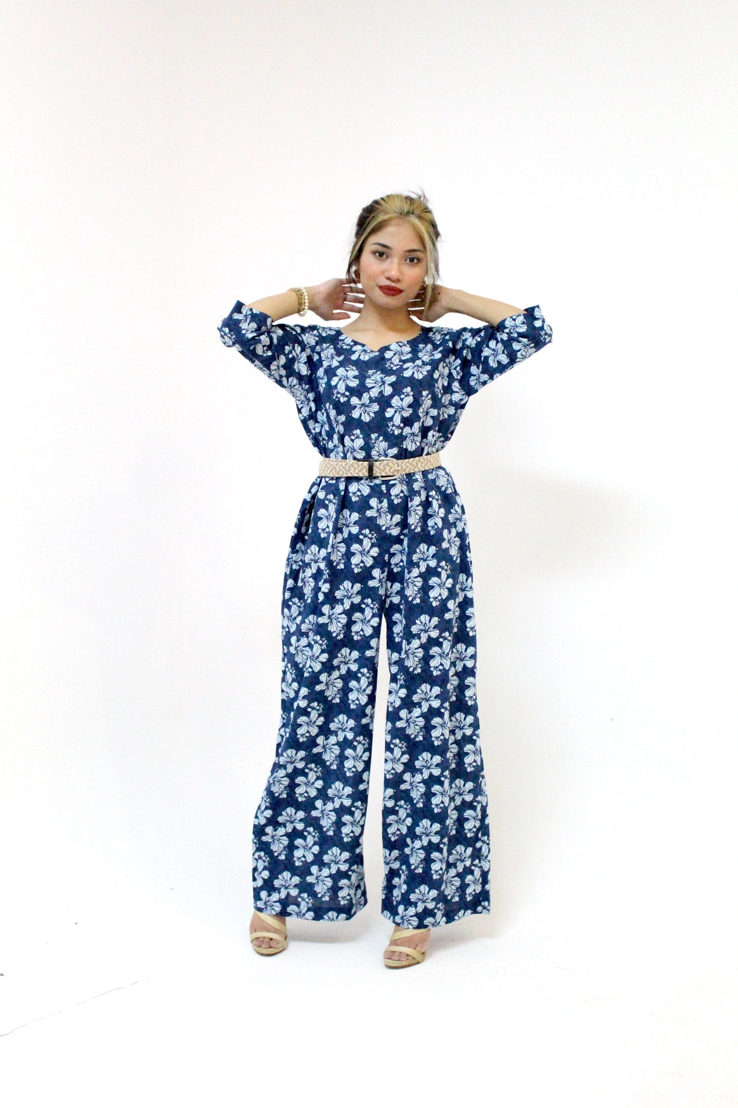 Floral Print Jumpsuit with Woven Belt