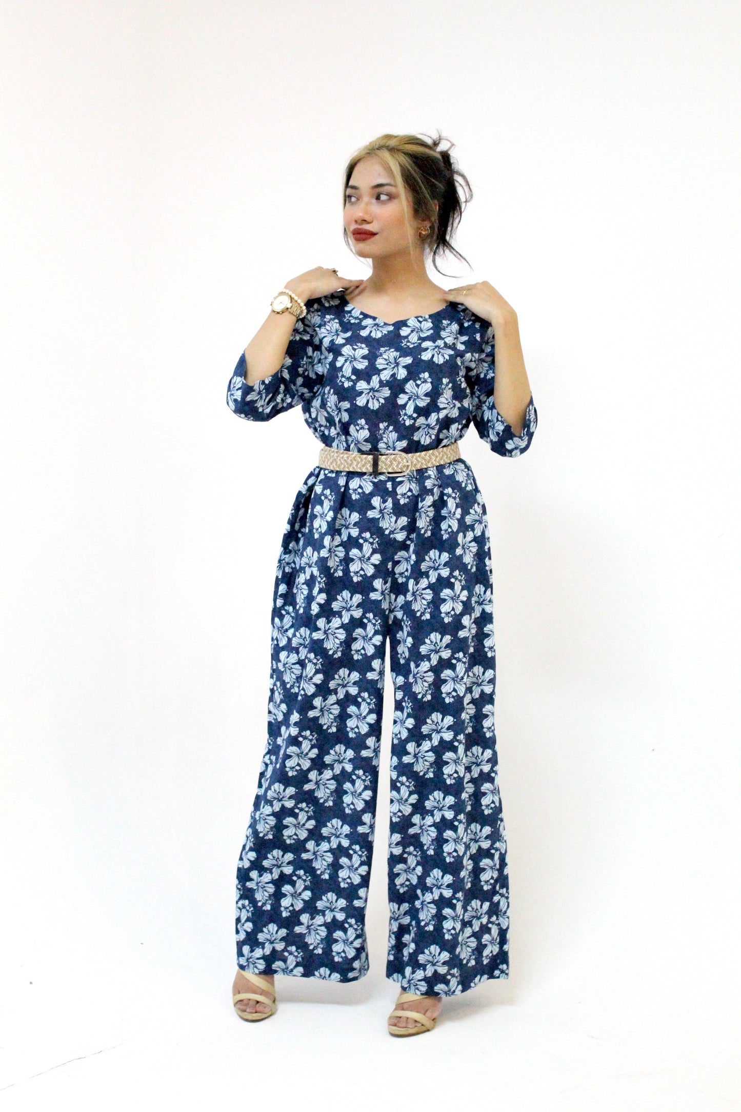 Floral Print Jumpsuit with Woven Belt