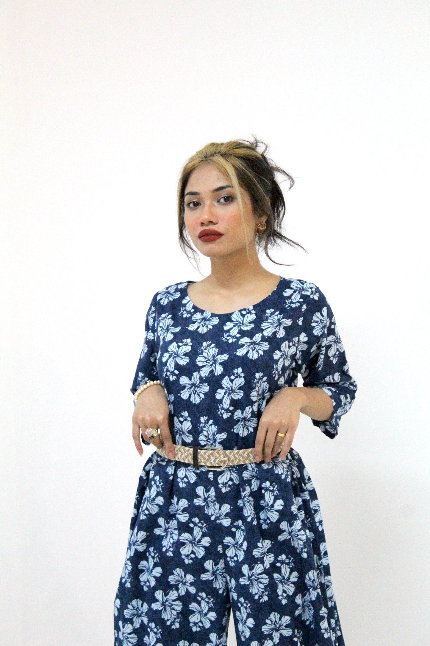 Floral Print Jumpsuit with Woven Belt
