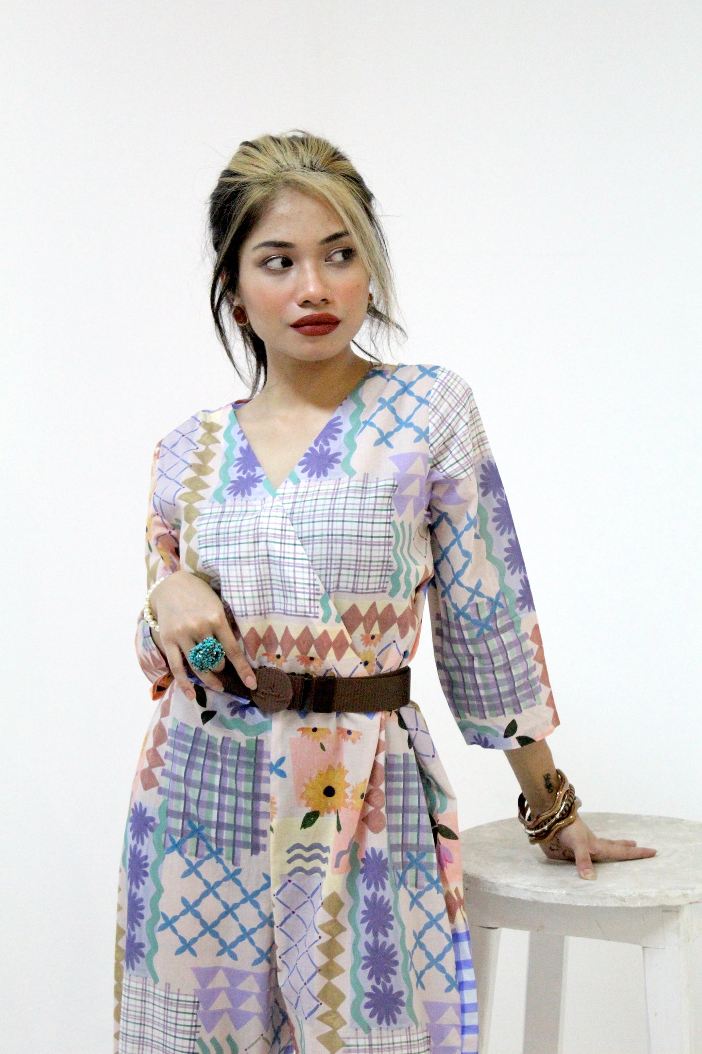 Geometric Floral Print Wide-Leg Jumpsuit with Belt