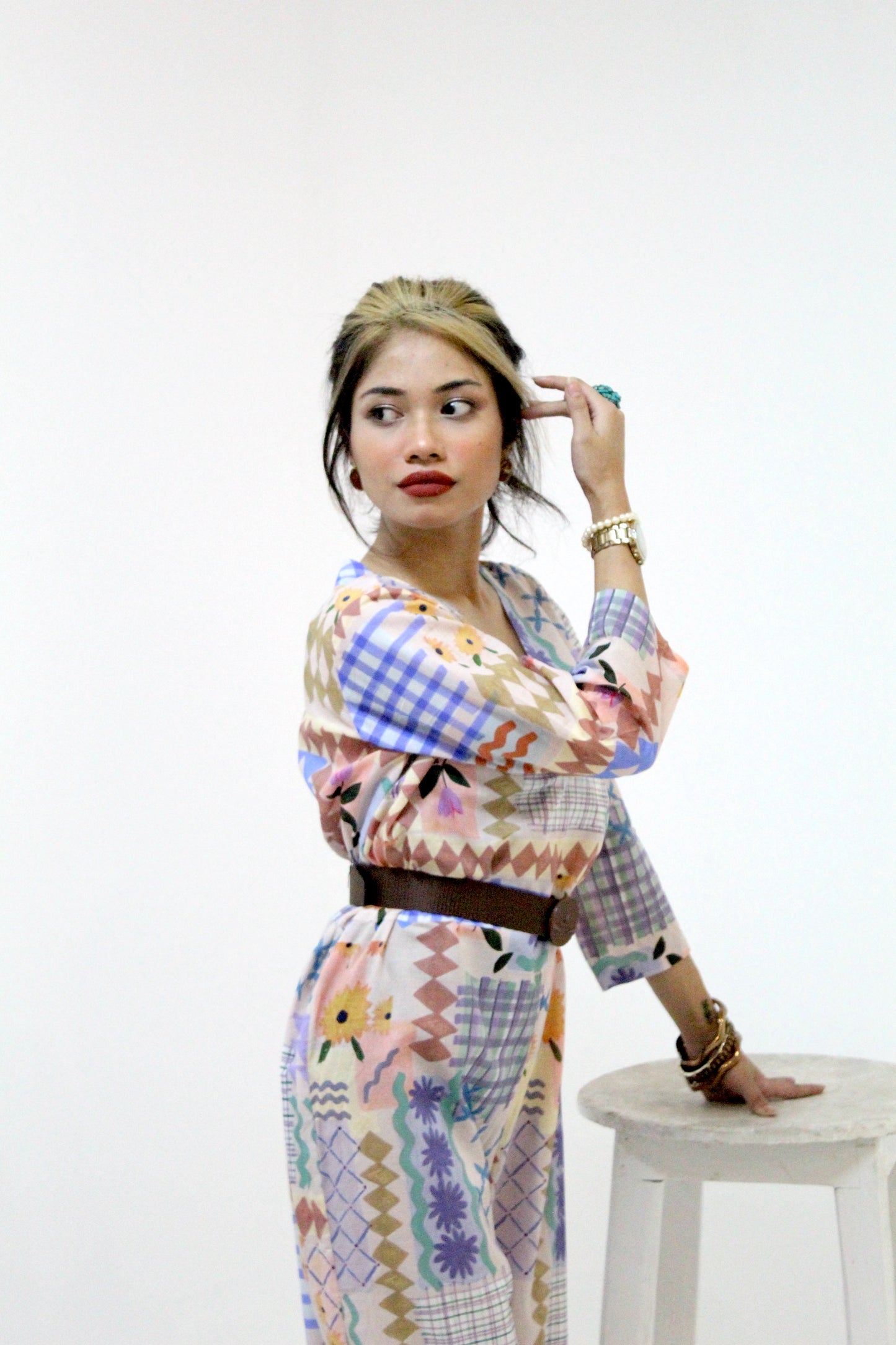 Geometric Floral Print Wide-Leg Jumpsuit with Belt