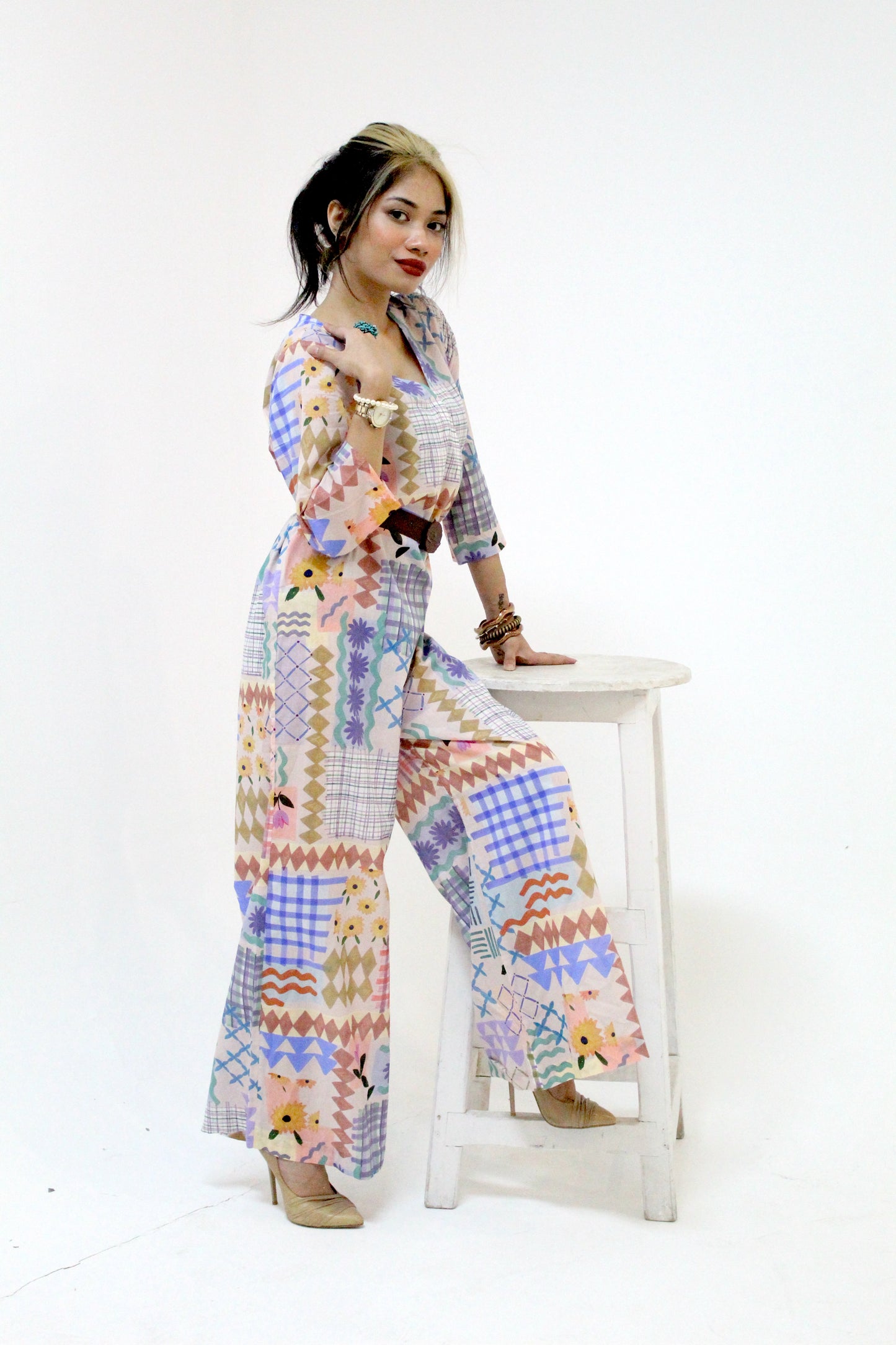 Geometric Floral Print Wide-Leg Jumpsuit with Belt