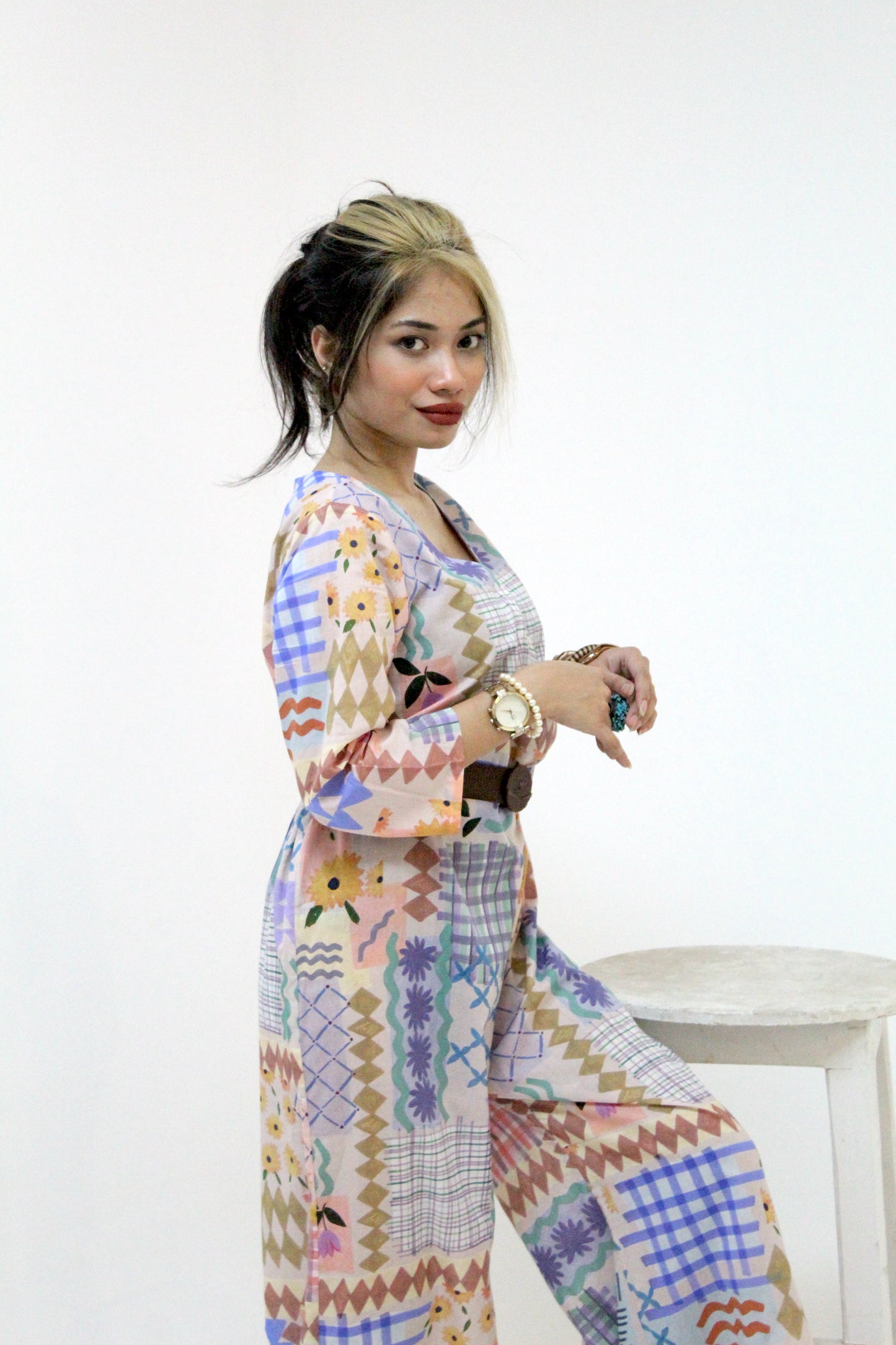 Geometric Floral Print Wide-Leg Jumpsuit with Belt