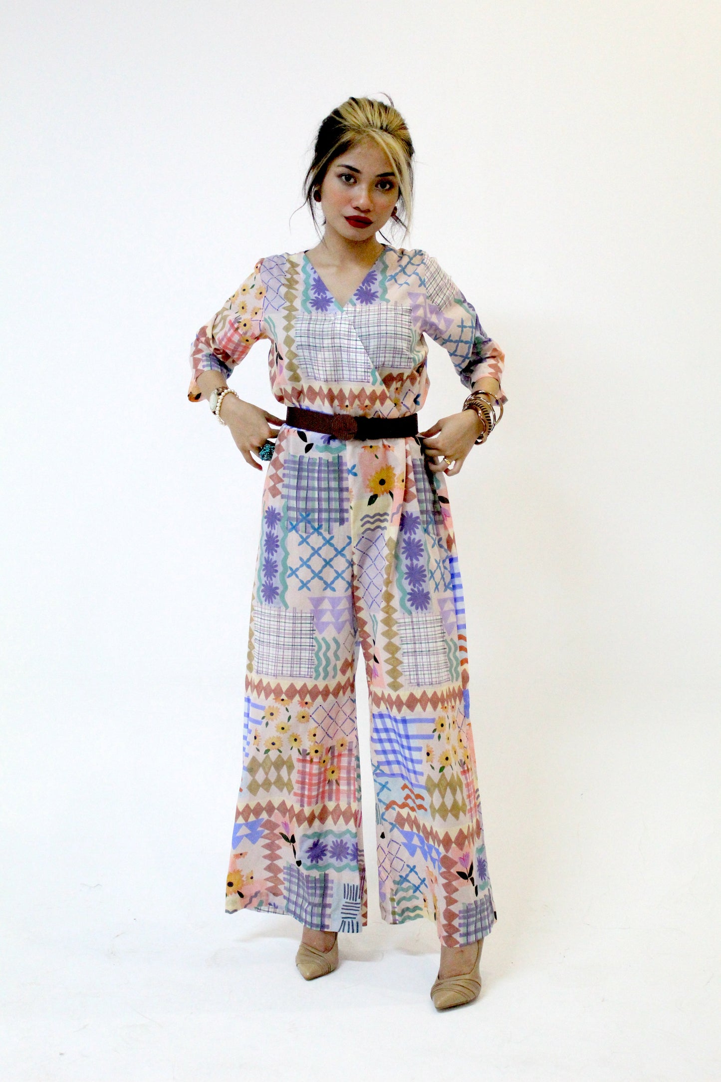 Geometric Floral Print Wide-Leg Jumpsuit with Belt