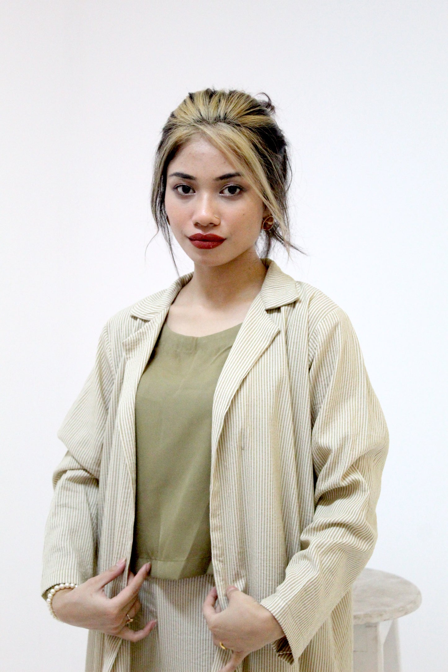Mint Green Striped Trench Coat Set with Olive Top and Wide-Legged Pants