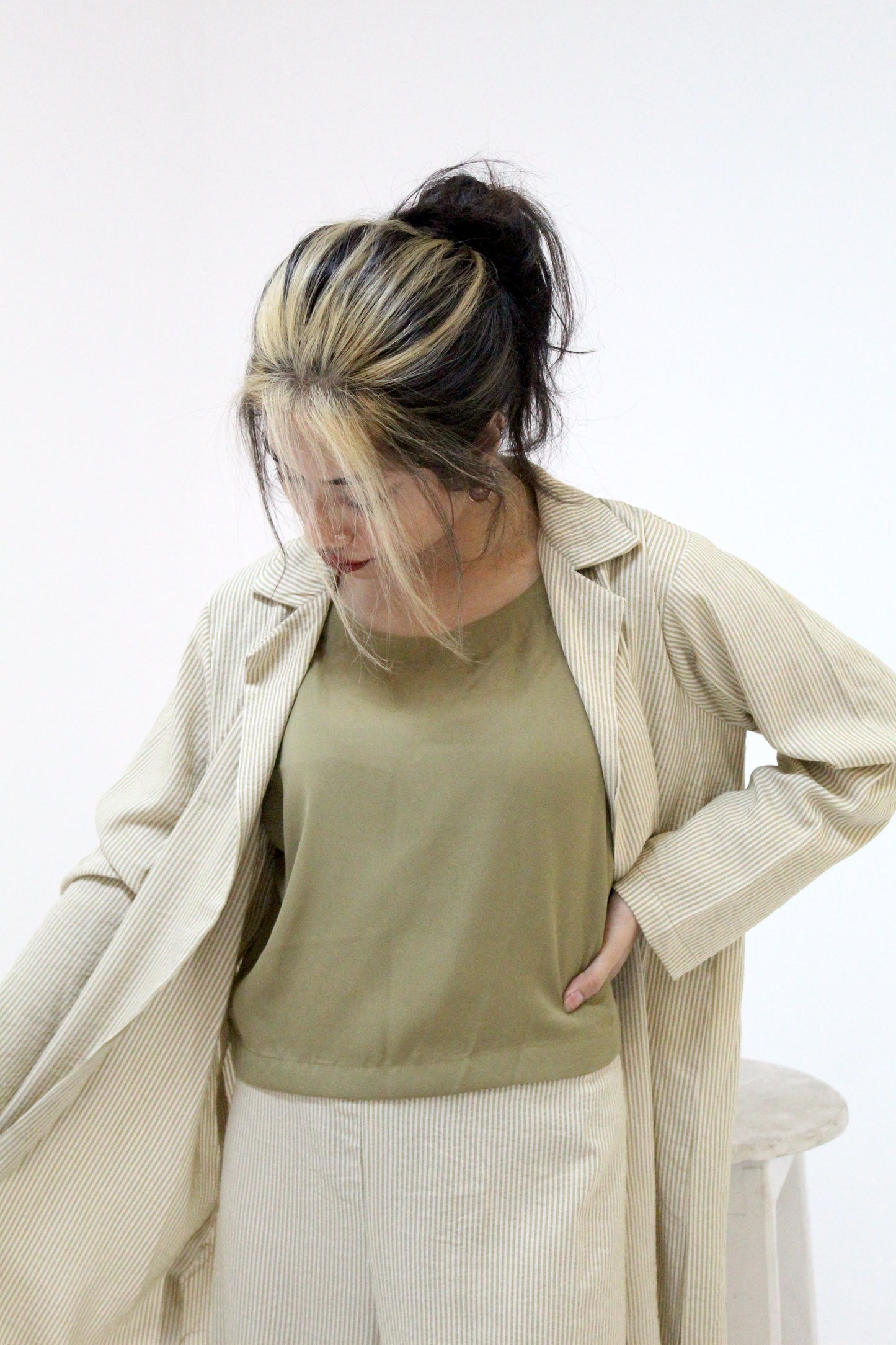 Mint Green Striped Trench Coat Set with Olive Top and Wide-Legged Pants