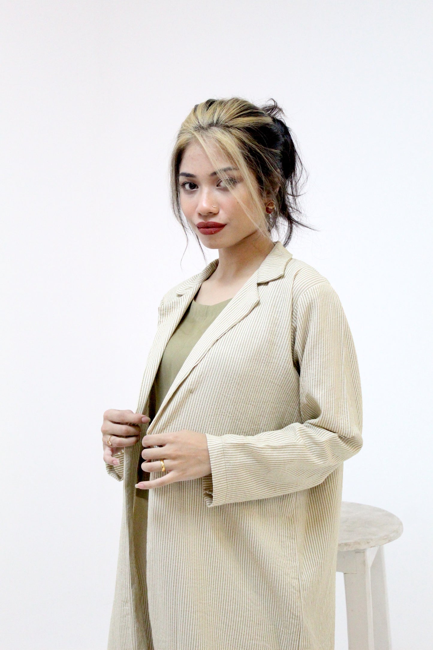 Mint Green Striped Trench Coat Set with Olive Top and Wide-Legged Pants