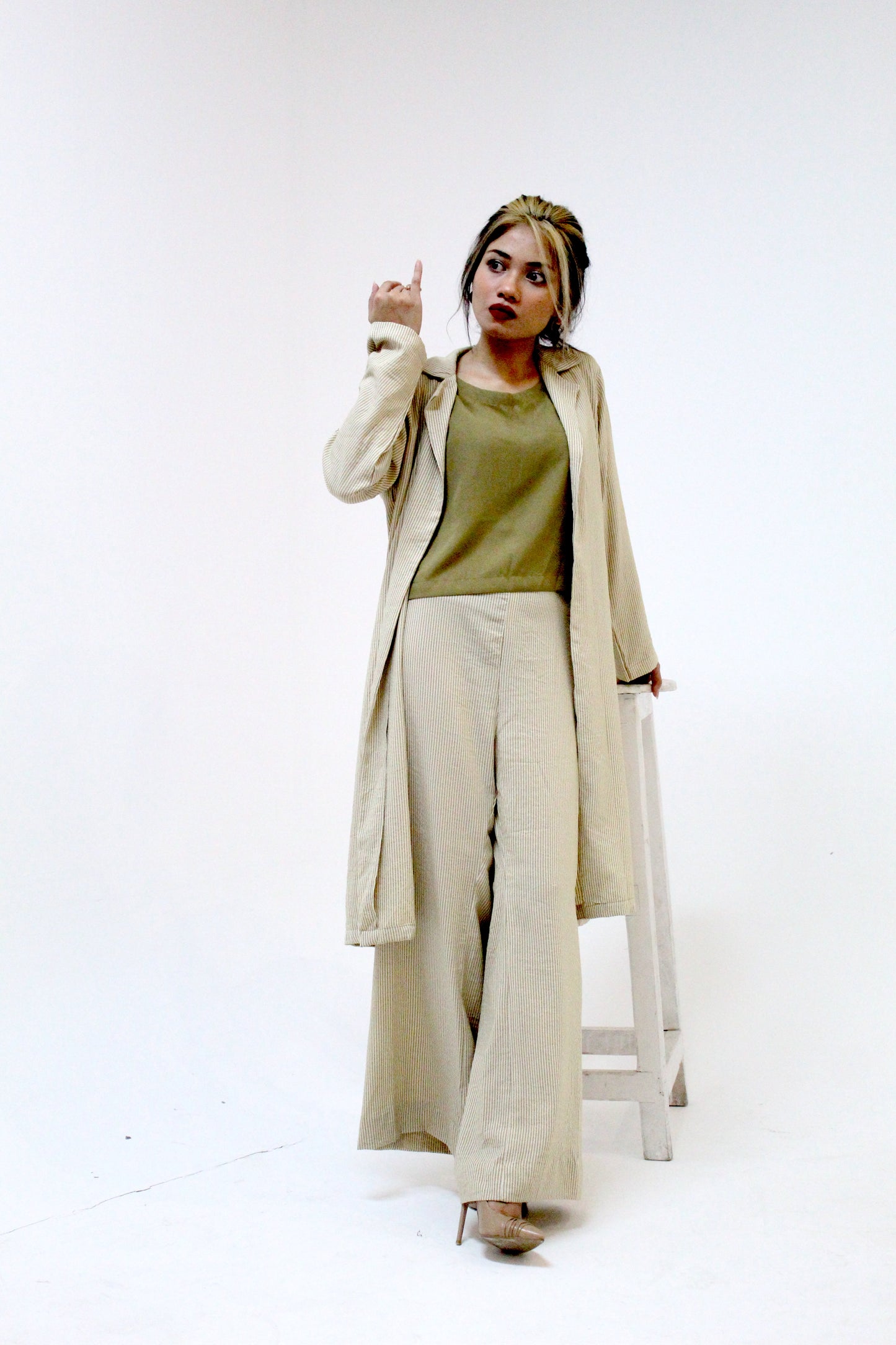 Mint Green Striped Trench Coat Set with Olive Top and Wide-Legged Pants
