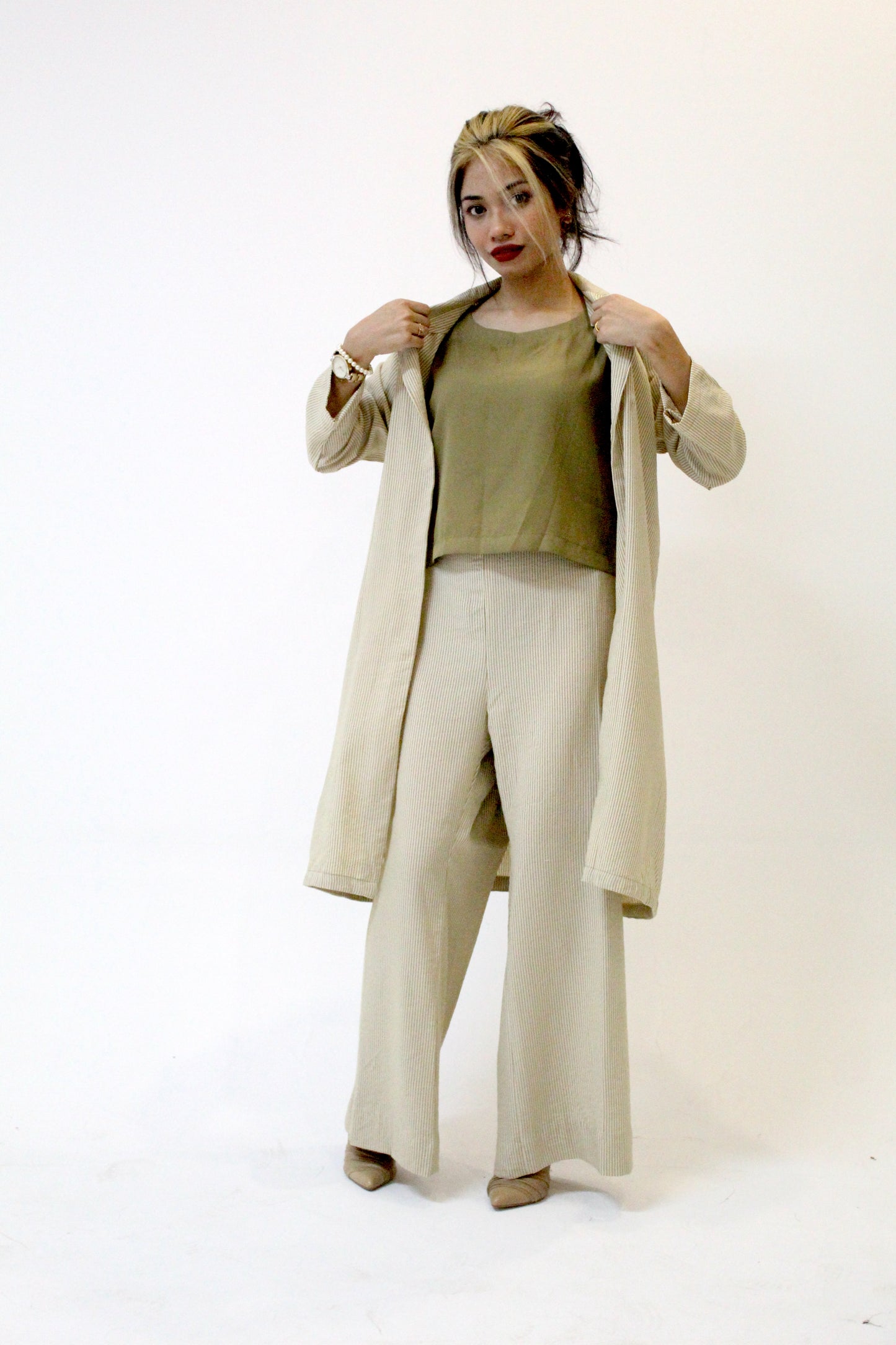 Mint Green Striped Trench Coat Set with Olive Top and Wide-Legged Pants
