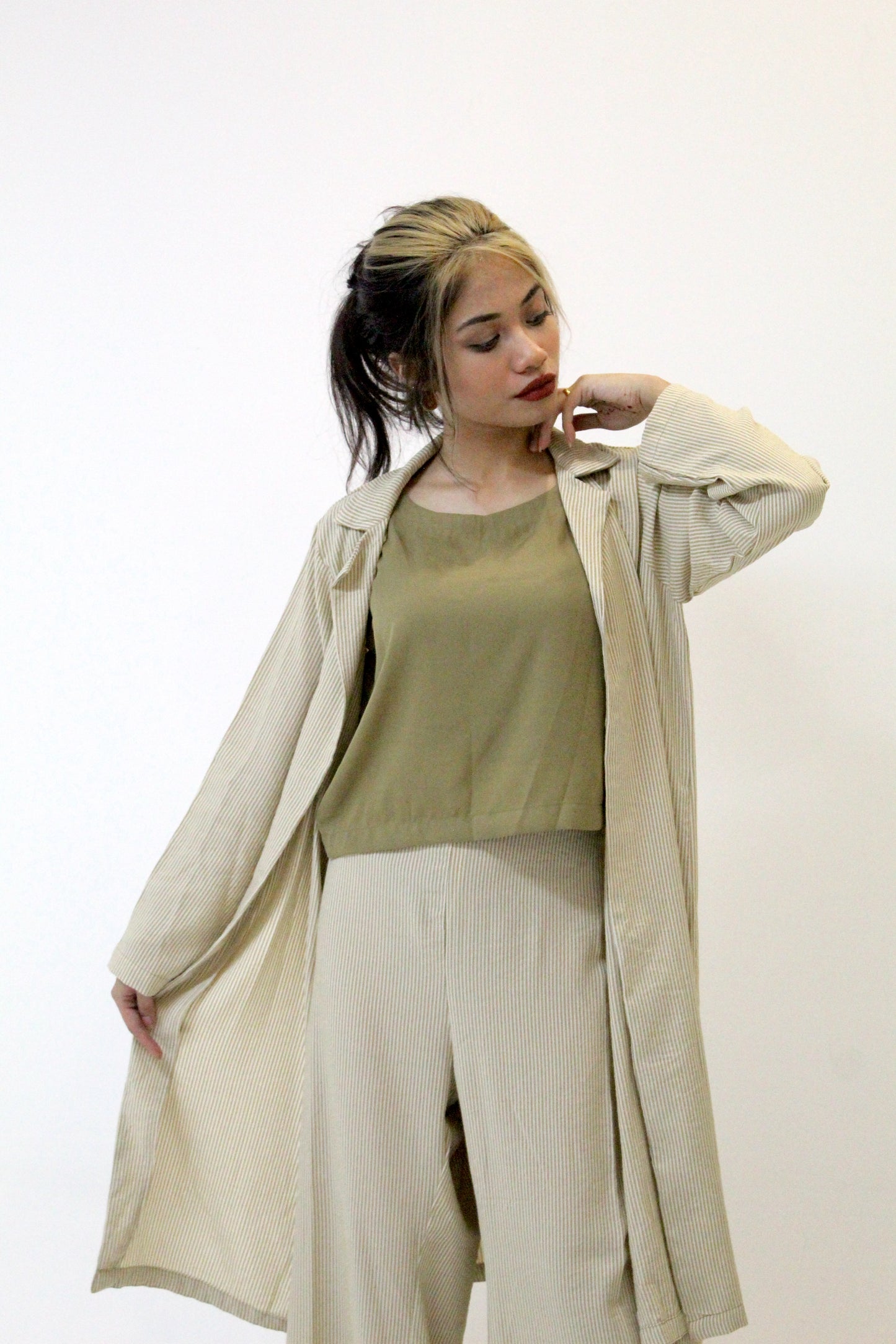 Mint Green Striped Trench Coat Set with Olive Top and Wide-Legged Pants