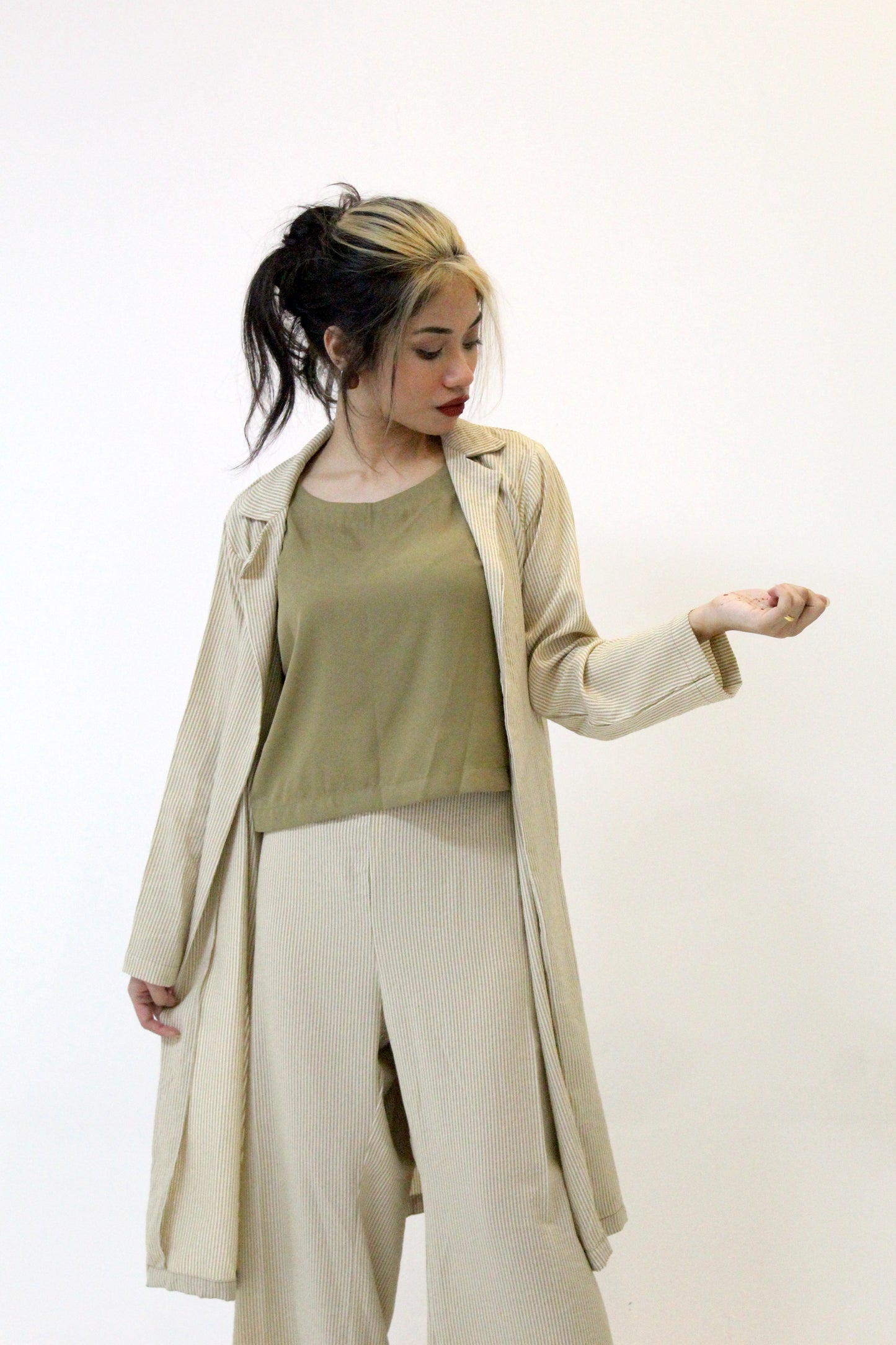 Mint Green Striped Trench Coat Set with Olive Top and Wide-Legged Pants