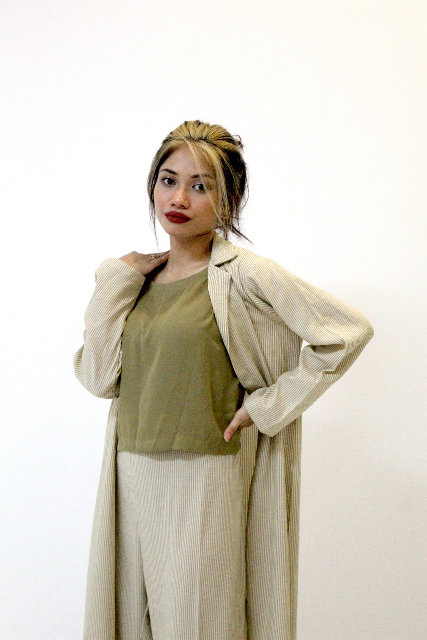 Mint Green Striped Trench Coat Set with Olive Top and Wide-Legged Pants