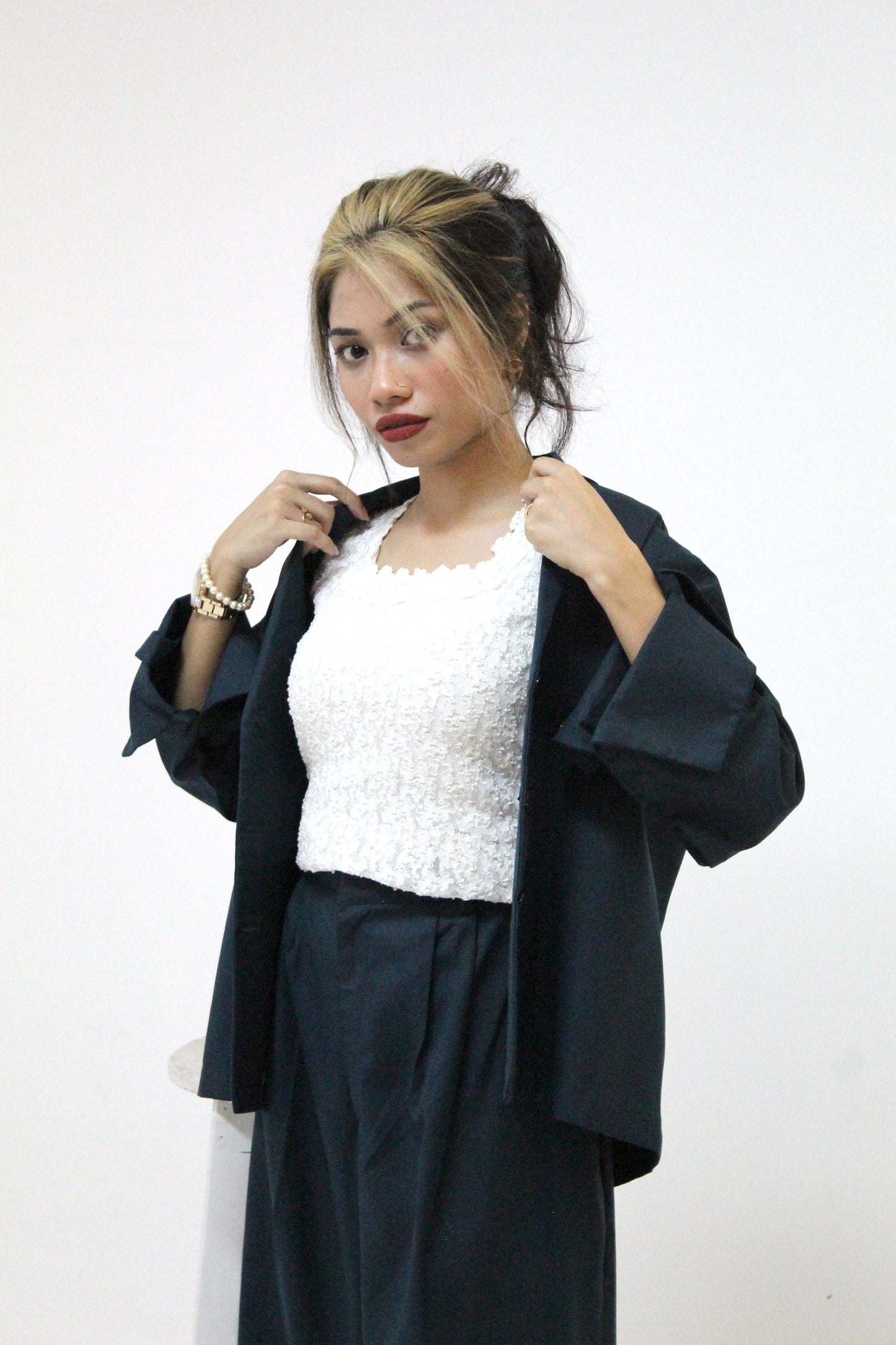 Blue Blazer and Wide-Legged High Waist Pants