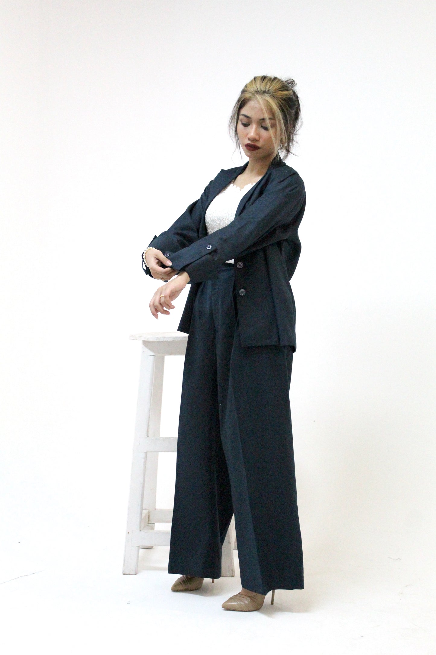Blue Blazer and Wide-Legged High Waist Pants