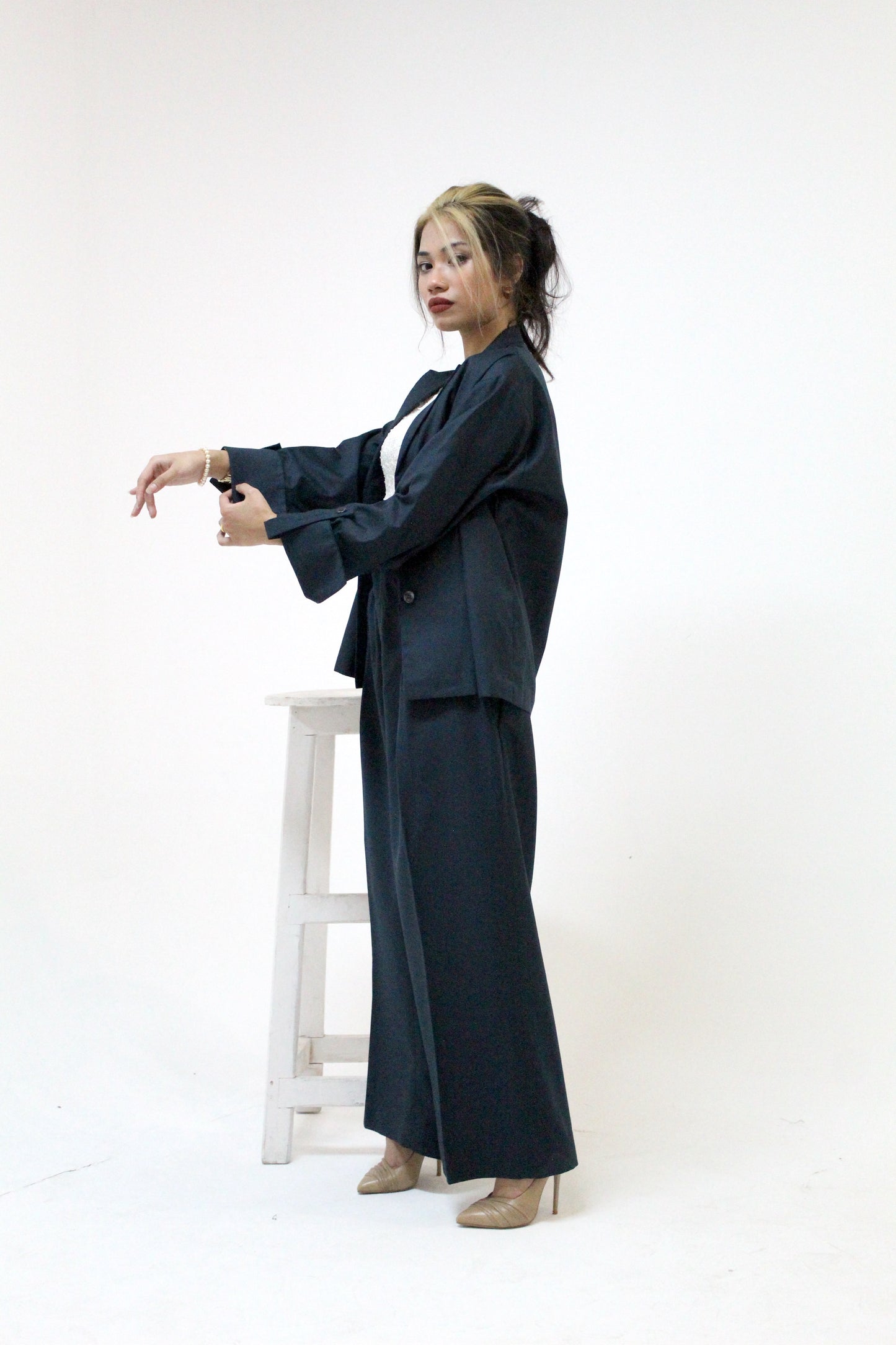 Blue Blazer and Wide-Legged High Waist Pants
