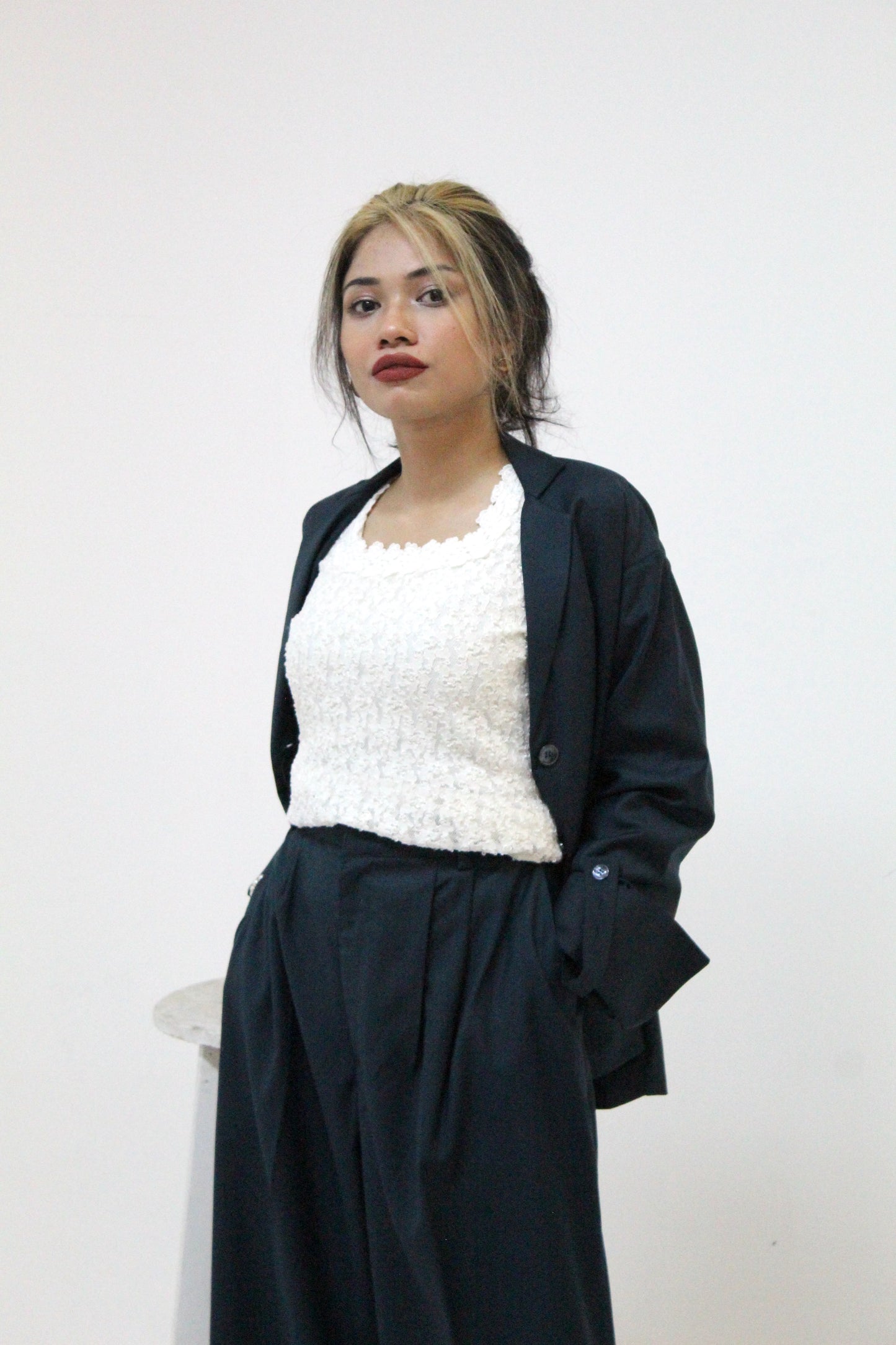 Blue Blazer and Wide-Legged High Waist Pants