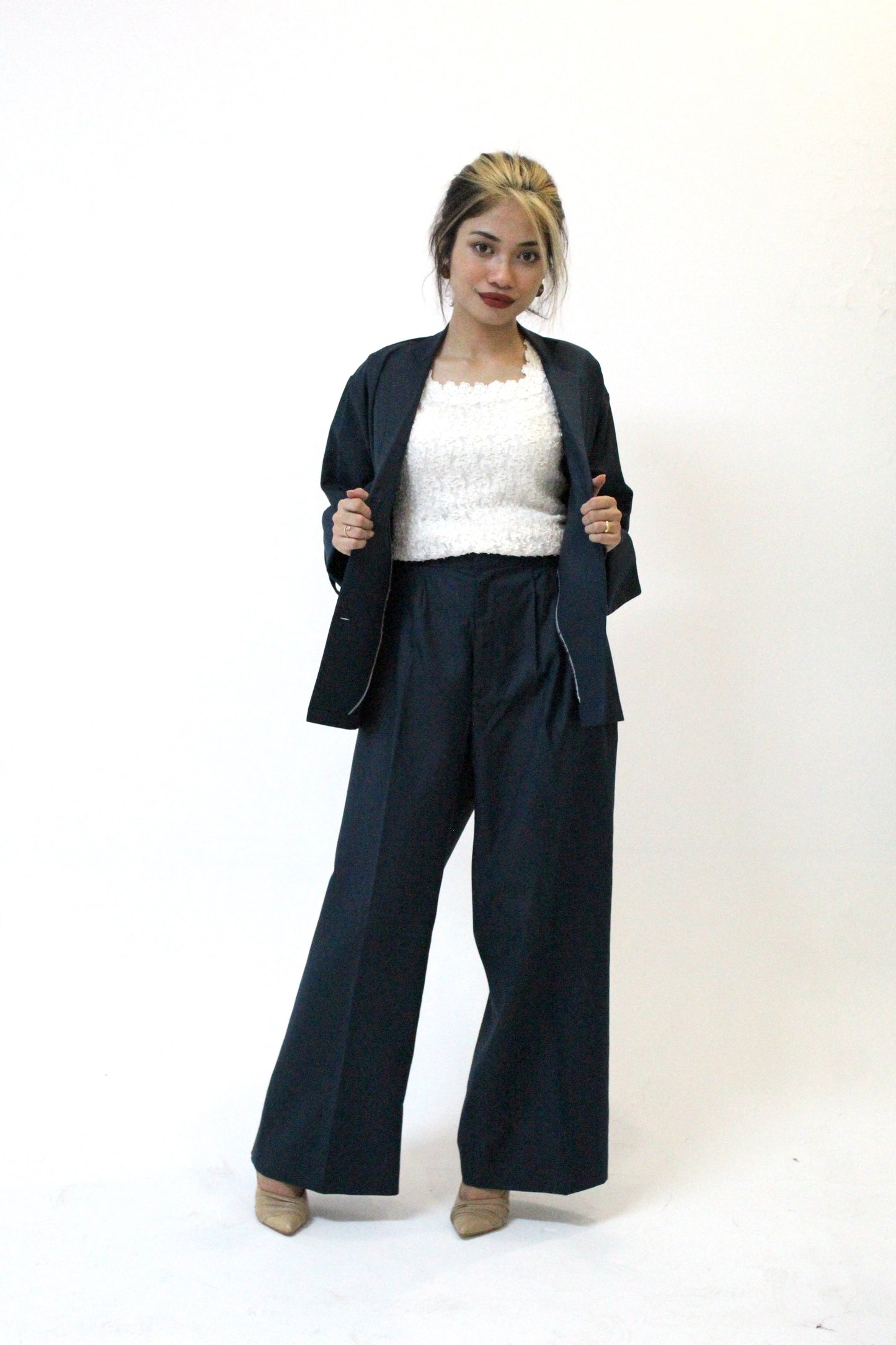 Blue Blazer and Wide-Legged High Waist Pants