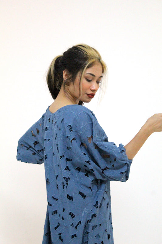 Azure Bloom – Cutwork Lawn Cotton Maxi Dress