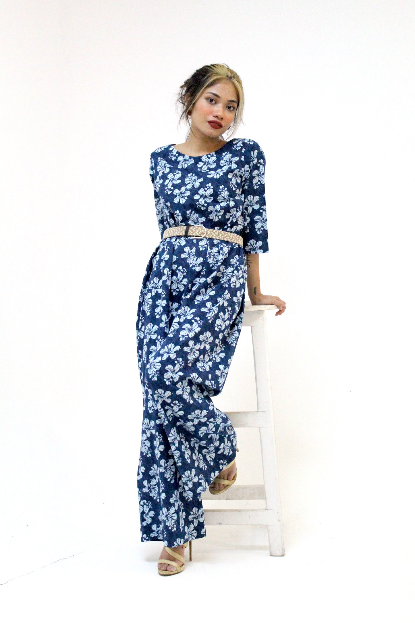 Floral Print Jumpsuit with Woven Belt