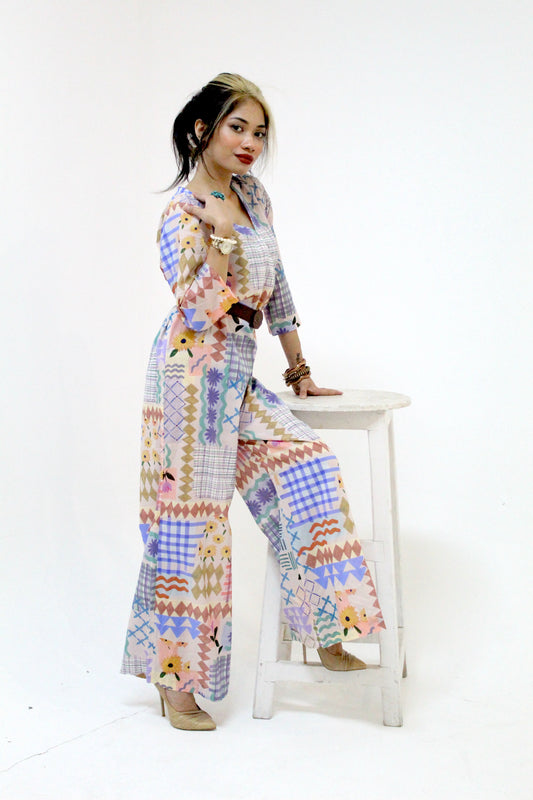 Geometric Floral Print Wide-Leg Jumpsuit with Belt