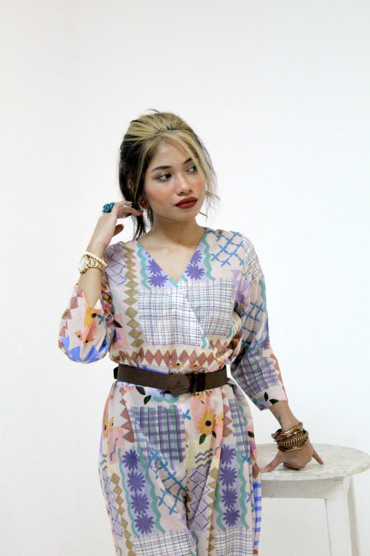 Geometric Floral Print Wide-Leg Jumpsuit with Belt