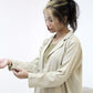 Mint Green Striped Trench Coat Set with Olive Top and Wide-Legged Pants
