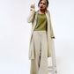 Mint Green Striped Trench Coat Set with Olive Top and Wide-Legged Pants