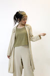 Mint Green Striped Trench Coat Set with Olive Top and Wide-Legged Pants