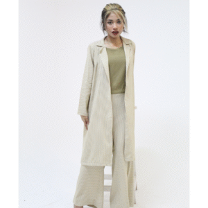 Mint Green Striped Trench Coat Set with Olive Top and Wide-Legged Pants